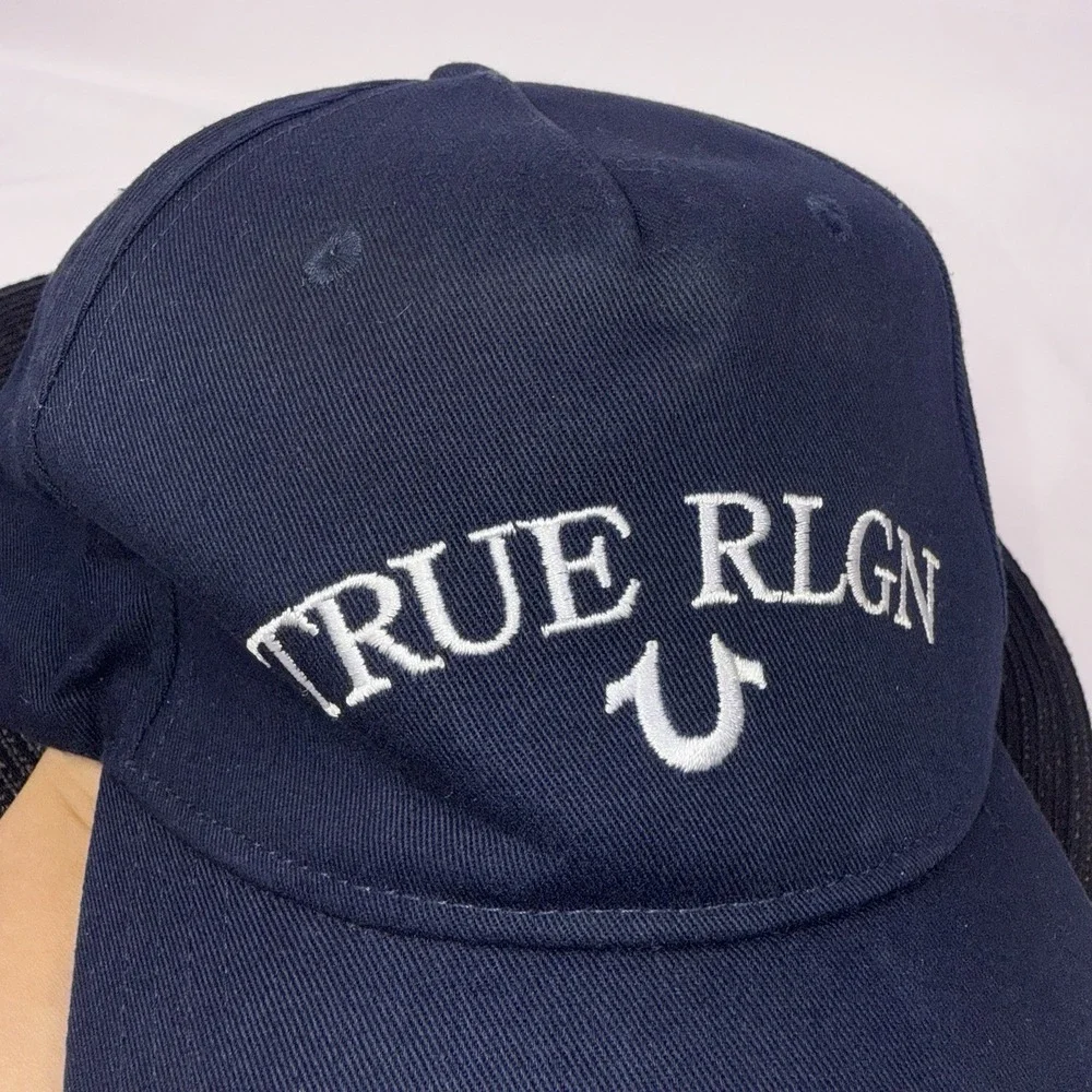 TRUE RELIGION Ace Blue White Cotton Baseball Hat Cap Logo Spell out Streetwear